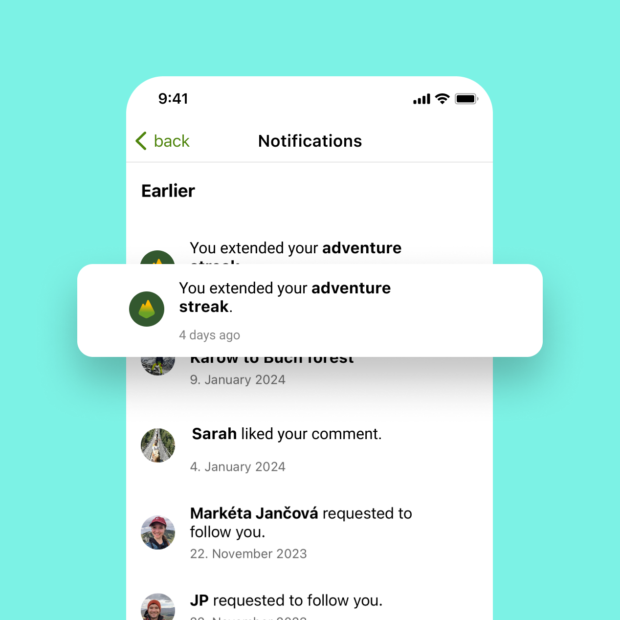 Streak notifications shown in-app rather than as push