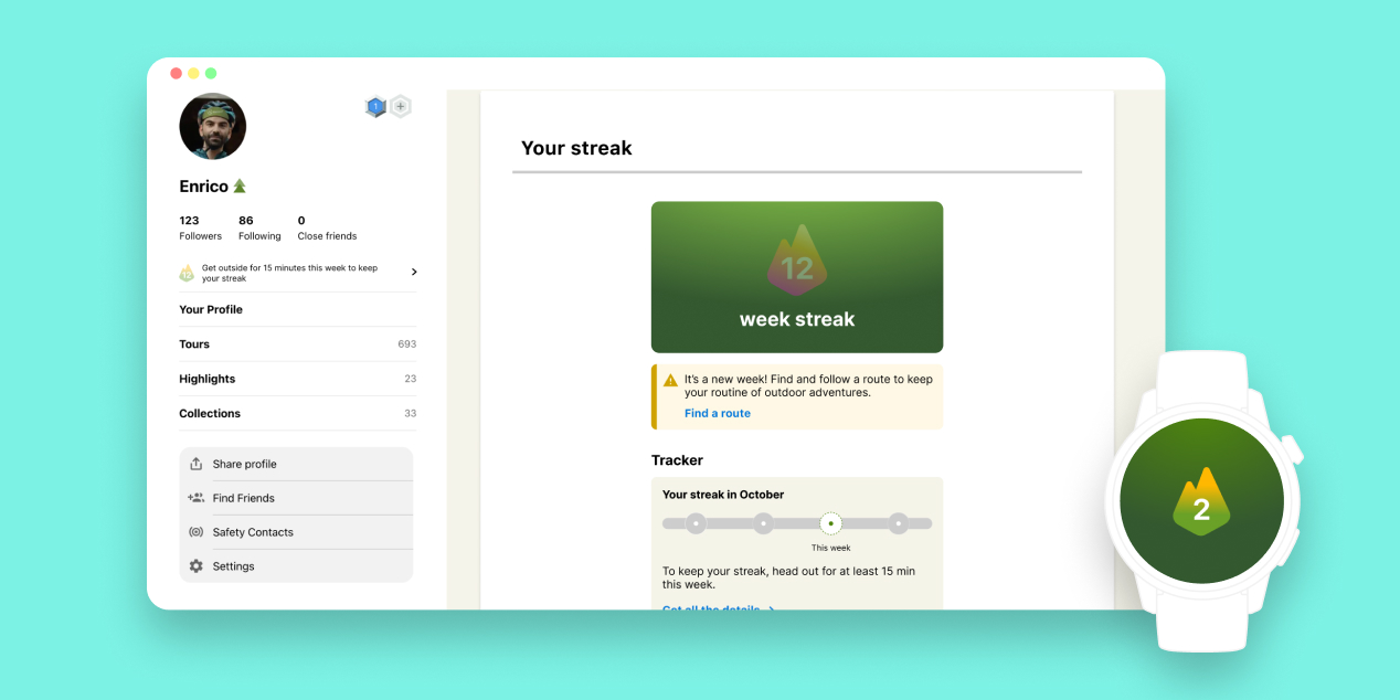 The streak on desktop web alongside a smartwatch face showing a 2 week streak