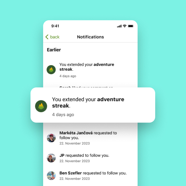 Streak notification on mobile: you extended your adventure streak