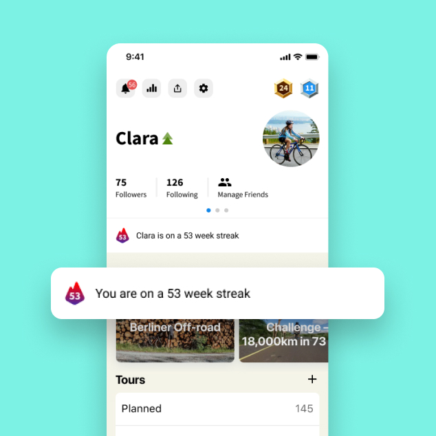 Mobile profile showing a 53 week streak badge