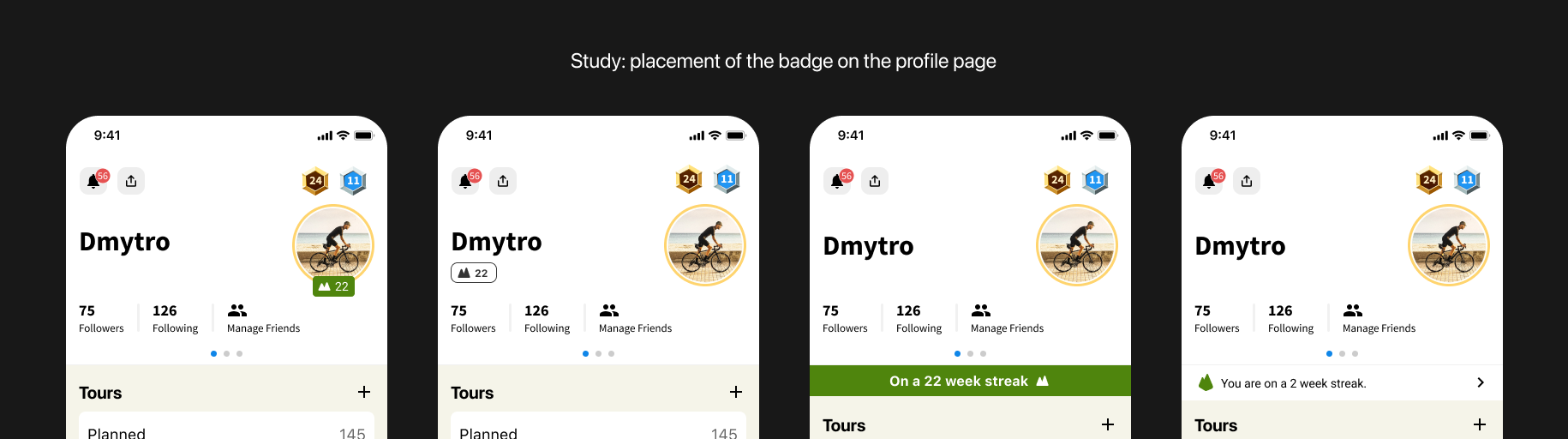 Iterations of the streak badge and profile entry point