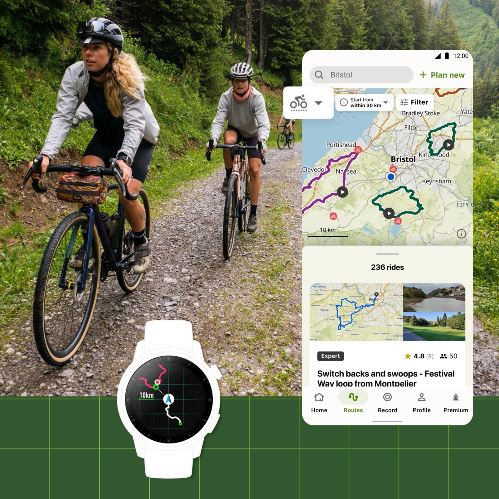 Cyclists on a gravel road with the Komoot app and a smartwatch showing navigation