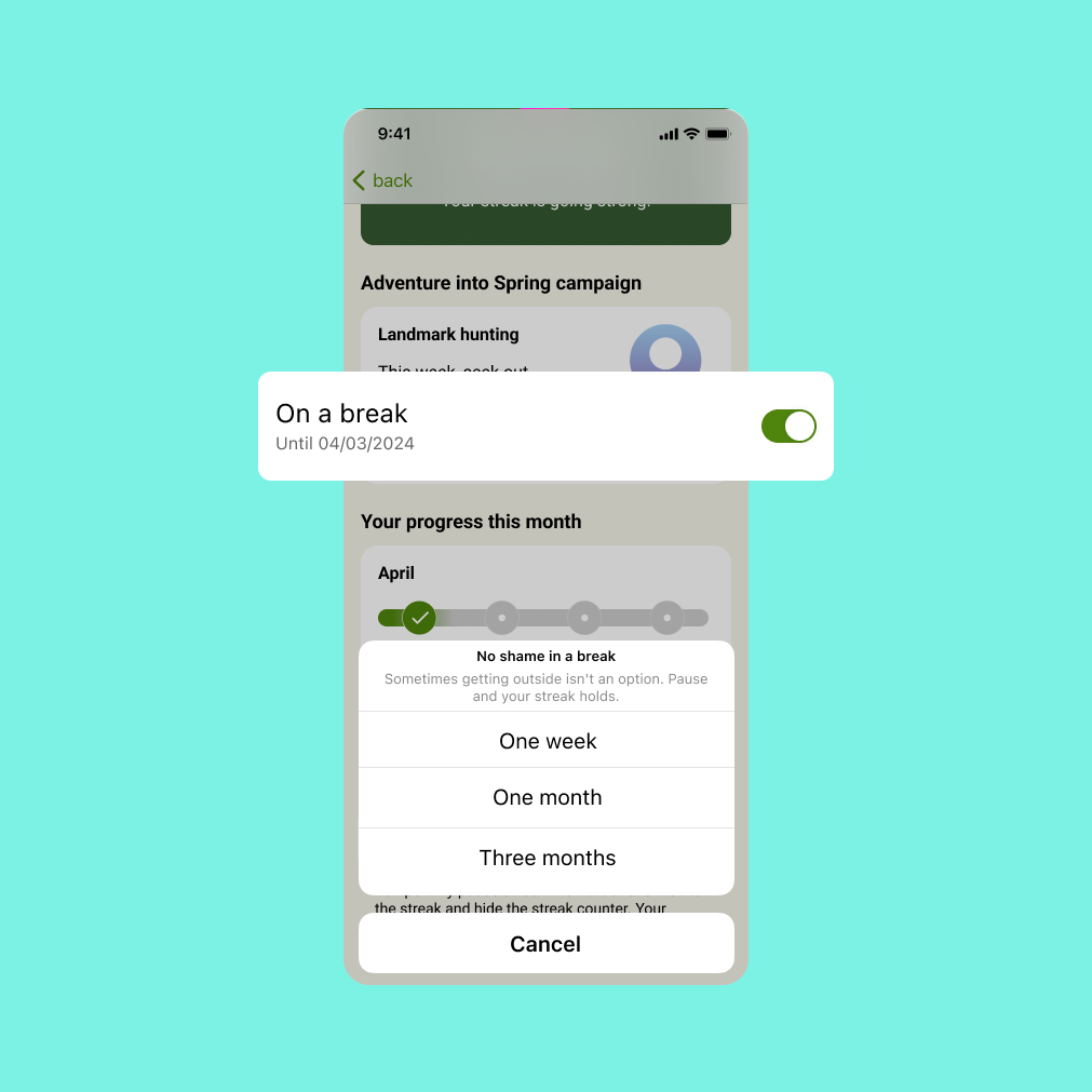 Streak freeze concept: an On a break toggle and a sheet offering one week, one month or three months