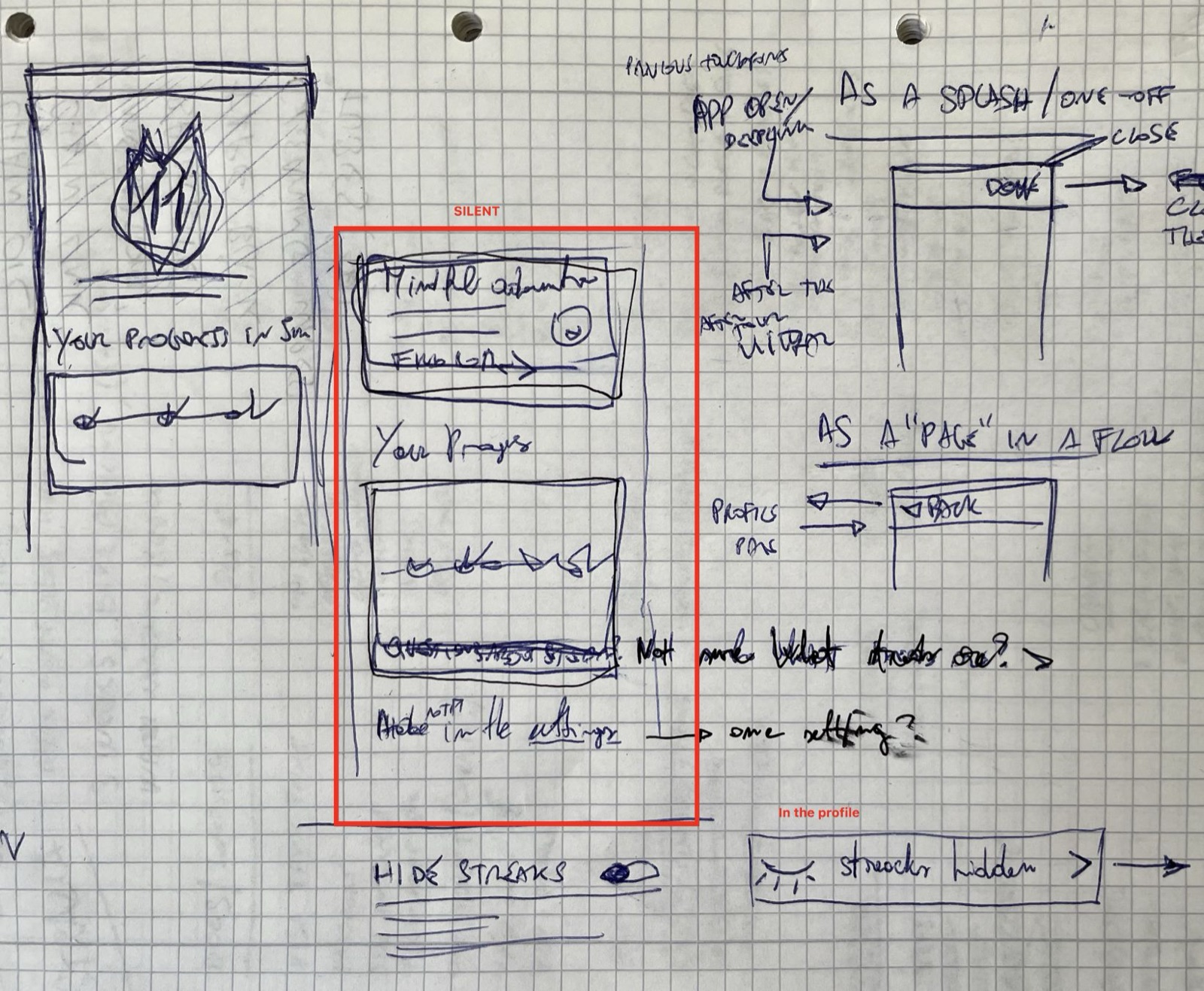 Early pen sketches of the streak UI on grid paper
