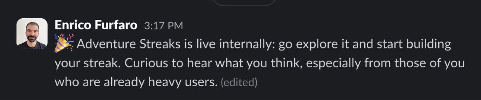 Slack announcement: Adventure Streaks is live internally