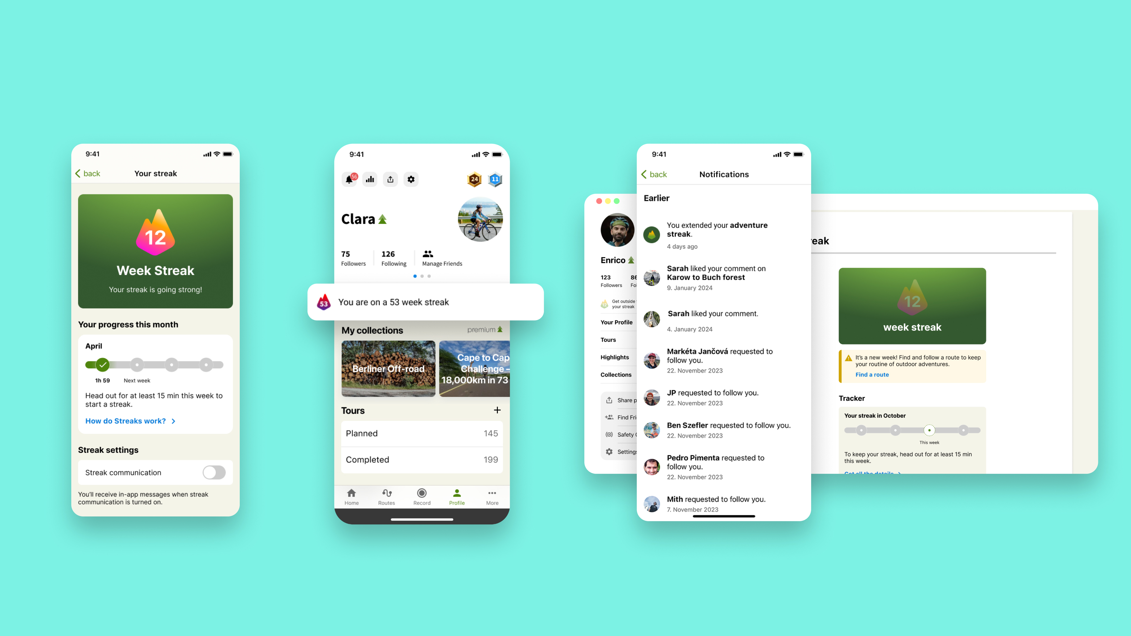 Streak screens across mobile and web showing the streak states