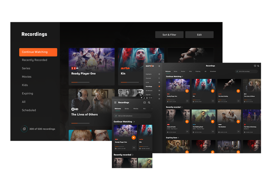 Consistent recordings UI shown across multiple device types