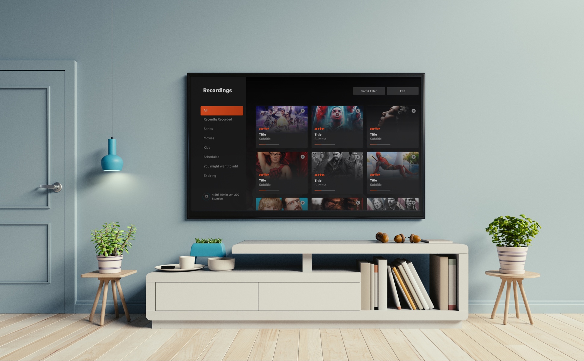 Redesigned Zattoo Recordings experience shown on a living room TV