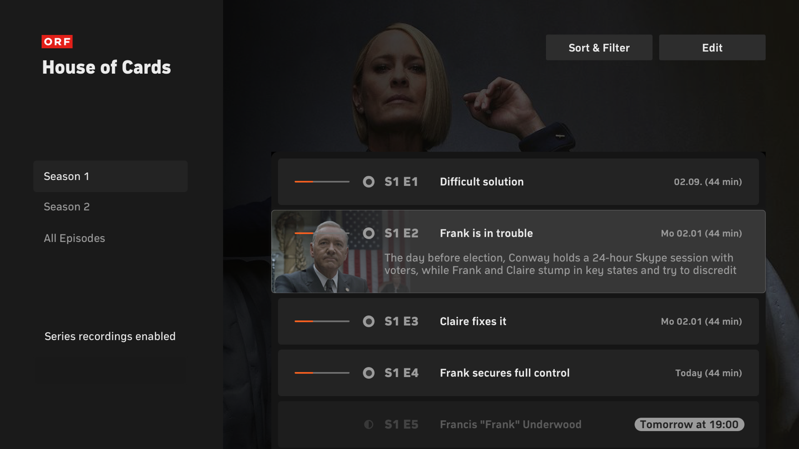 Series detail page showing episodes grouped by season