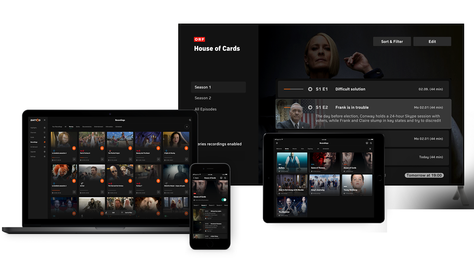 Showcase of the redesigned Zattoo Recordings experience across devices